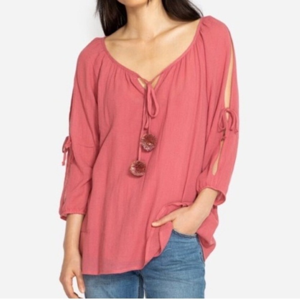 Johnny Was Calme Rainbow Pom Gauze Split Sleeve Guava Top Sz M Boho Beachy Light